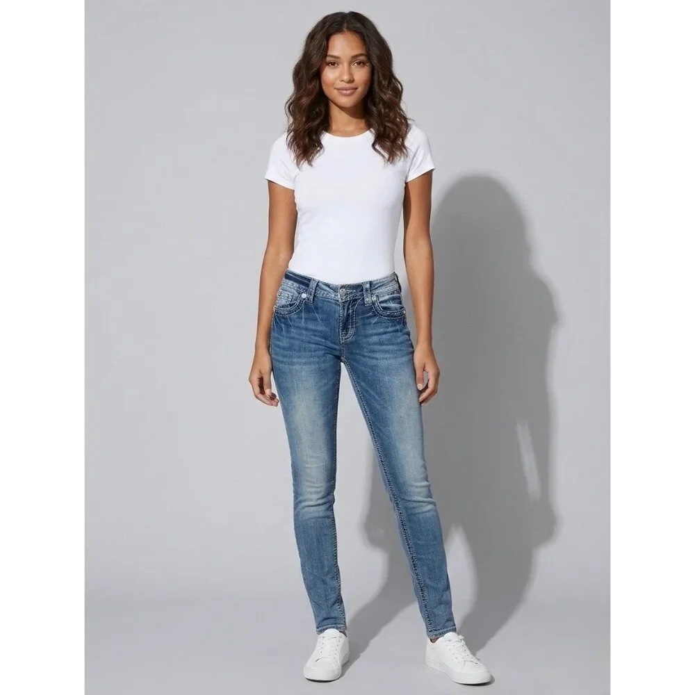 Miss Me Rhinestone Wing Distressed Skinny Jeans | McBling Y2K Early 2010s Tumblr - Picture 14 of 16